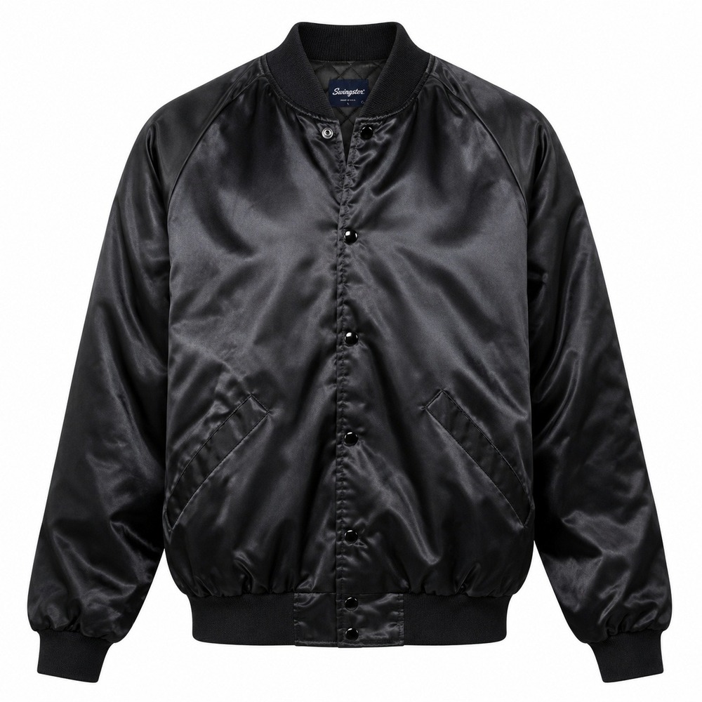 Vintage 97 King Louie Black Satin Bomber Jacket Mens Large Finley Centennial USA